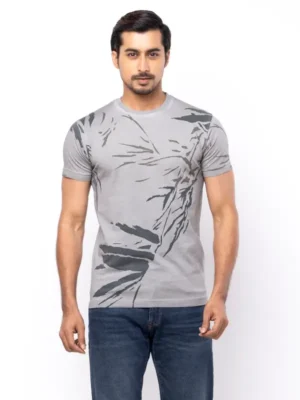 Grey Dyed and Printed Cotton T-Shirt