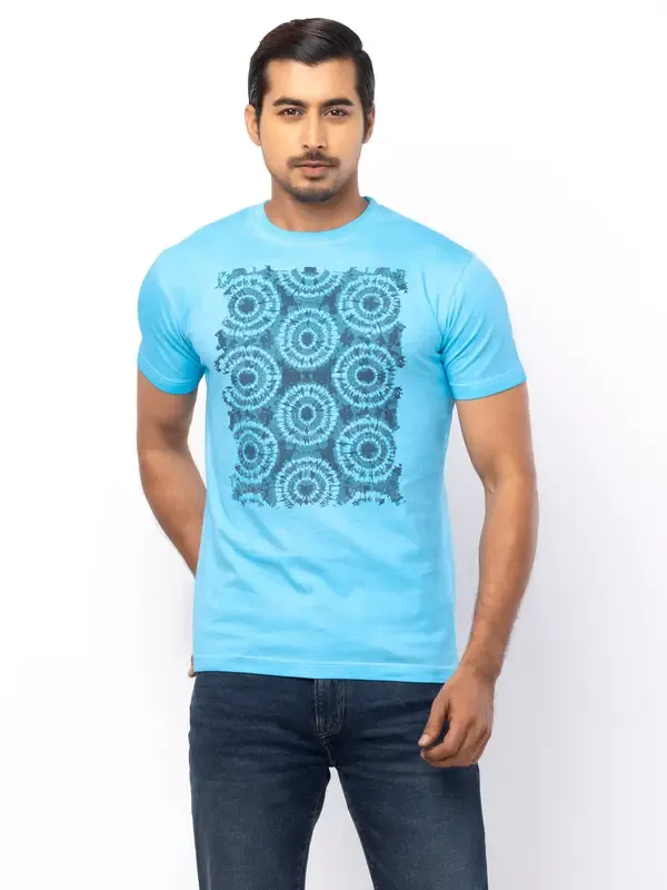 Blue Dyed and Printed Cotton T-Shirt